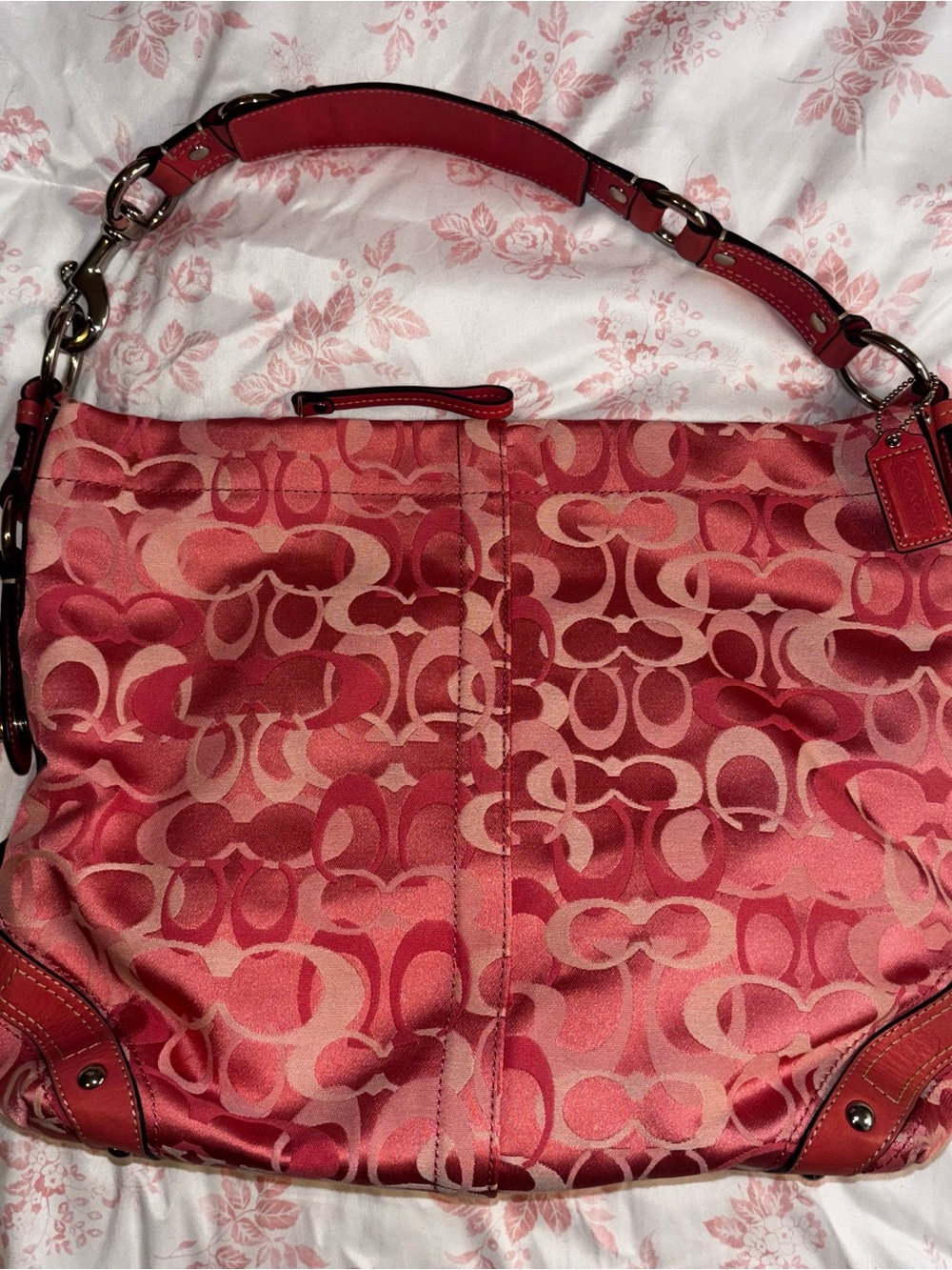 Coach Carly Pink Optic Signature Canvas Hobo Shoulder Bag with Leather Strap Y2K